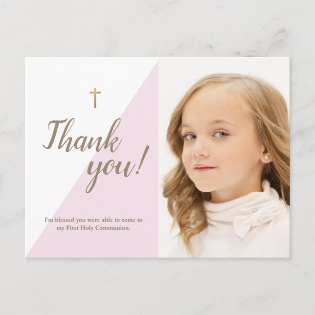 Modern Pink Photo 1st Holy Communion Thank You Postcard (Front)