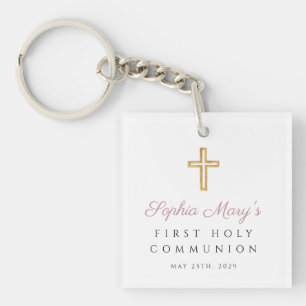 Modern Pink Photo Girl First Communion  Key Ring