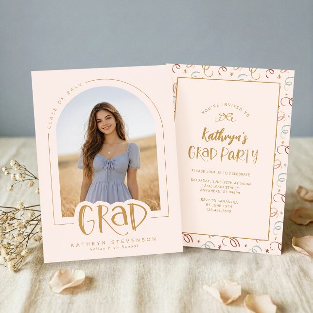 Modern Pink Photo Graduation Party Announcement (Front + Back View)