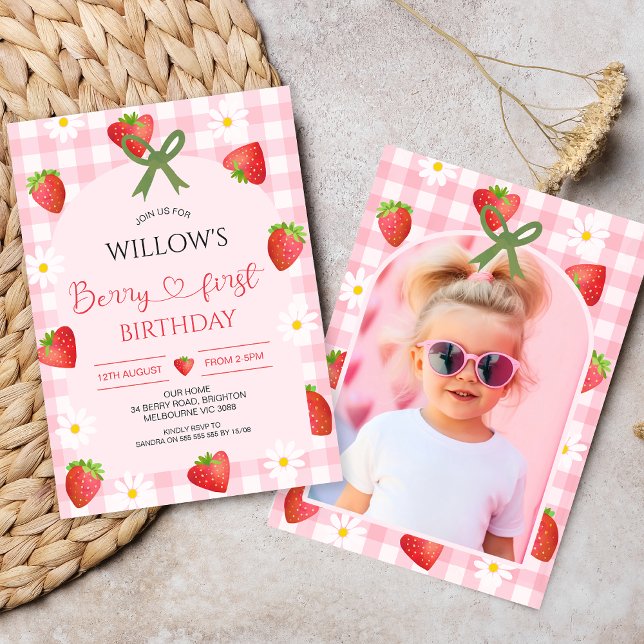 Modern Pink Plaid Arch Heart Berry First Birthday Invitation (Berry First Birthday Invitation, Berry First Birthday Invite,Berry First Birthday Invitation Digital)