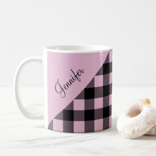 Modern Pink Plaid Check Pattern Name Coffee Mug