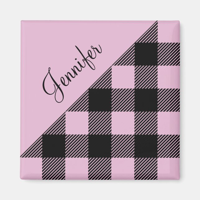 Modern Pink Plaid Check Pattern Name Magnet (Front)