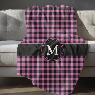 Modern Pink Plaid Checks Monogram Fleece Blanket