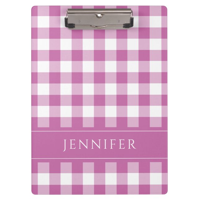 Modern Pink Plaid Gingham Name Clipboard (Front)