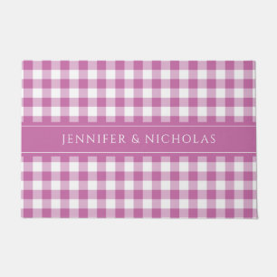 Modern Pink Plaid Gingham Name  Doormat