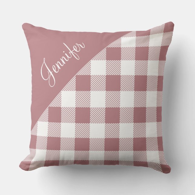 Modern Pink Plaid Gingham Pattern Name Cushion (Front)