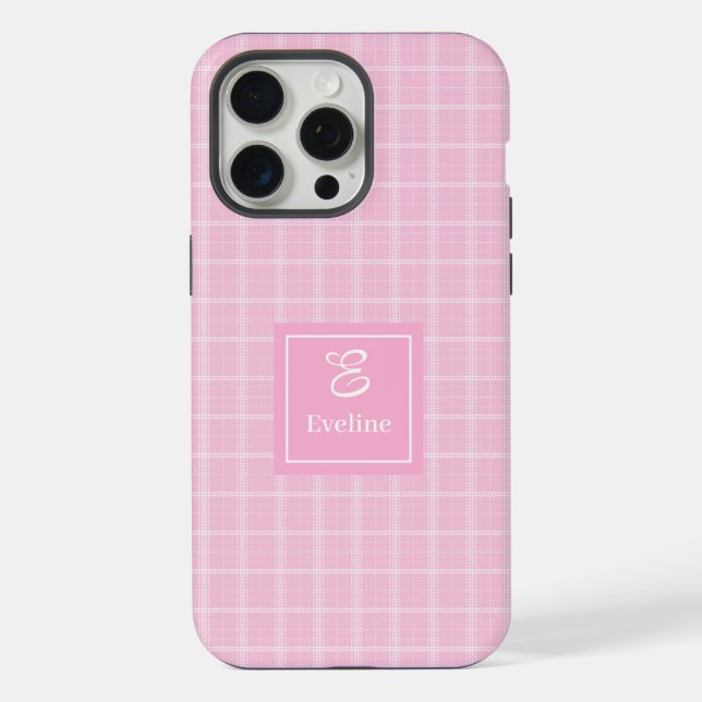 Modern Pink Plaid iPhone Case Chic Custom Name (Back)