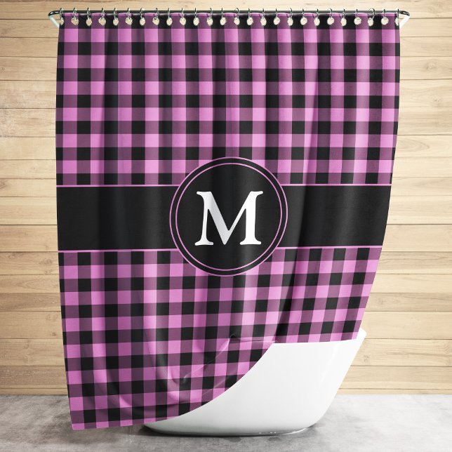 Modern Pink Plaid Monogram Shower Curtain (Modern Pink Plaid Pattern Monogram Shower Curtain)