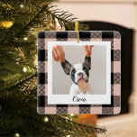 Modern Pink Plaid &  Name And Dog Photo Ceramic Ornament<br><div class="desc">Modern Pink Plaid &  Name And Dog Photo</div>