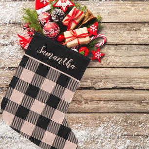 Modern Pink Plaid & Name Large Christmas Stocking
