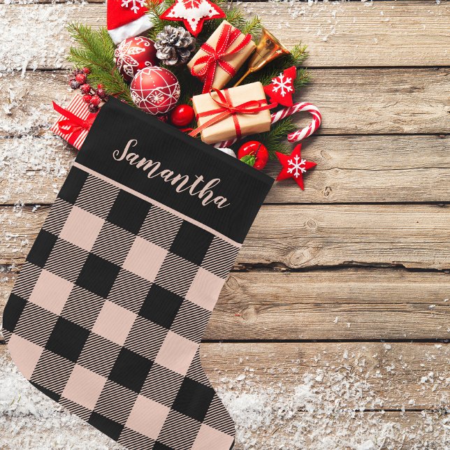 Modern Pink Plaid & Name Large Christmas Stocking (Creator Uploaded)