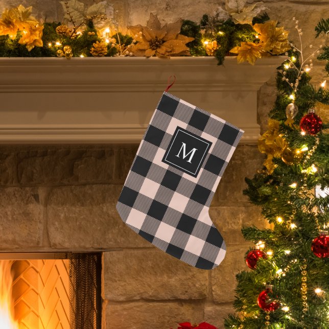 Modern Pink Plaid & Name Large Christmas Stocking (Creator Uploaded)