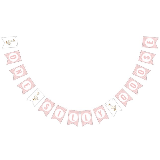Modern Pink Plaid One Silly Goose First Birthday Bunting (All)