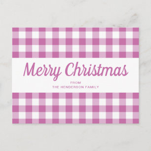 Modern Pink Plaid Script Christmas Postcard