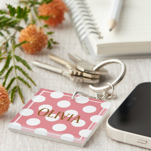 Modern Pink Polka Dots Key Ring