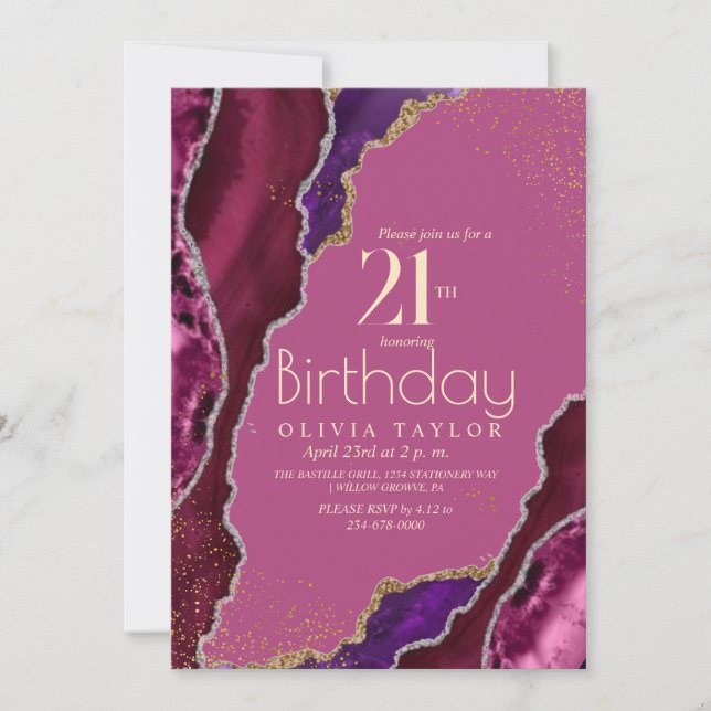 Modern Pink  Purple agate gold 21st Birthday Party Invitation (Front)