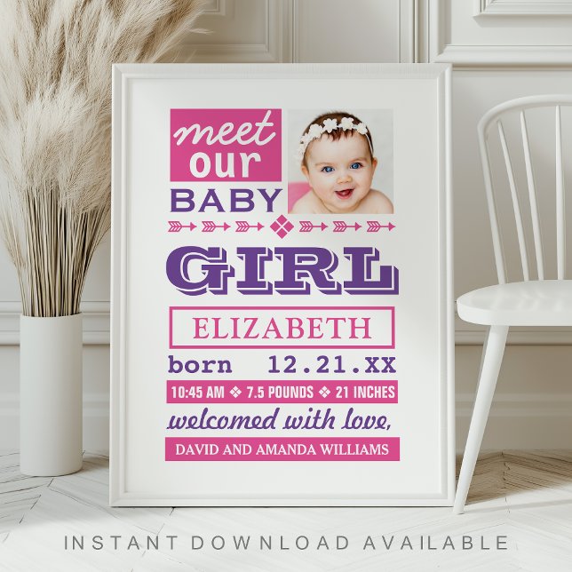 Modern Pink Purple Baby Girl Photo Birth Stats Poster (Creator Uploaded)