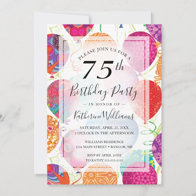 Modern Pink Purple Balloons 75th Birthday Party Invitation (Front)