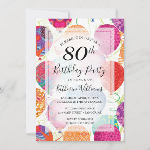 Modern Pink Purple Balloons 80th Birthday Party Invitation