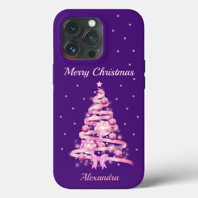 Modern Pink Purple Christmas Tree Name Custom Case-Mate iPhone Case (Back)