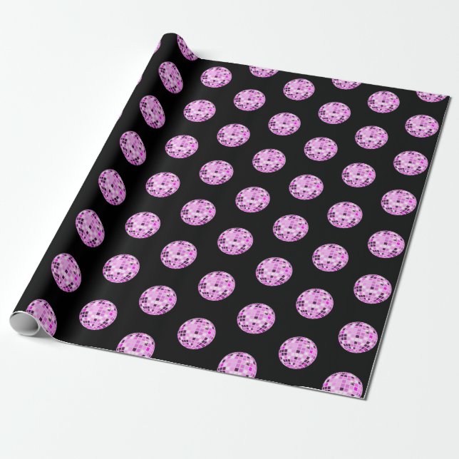 Modern Pink Purple Disco Ball Pattern Black Wrapping Paper (Unrolled)