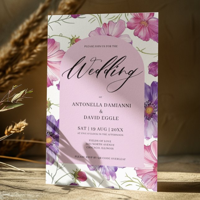 Modern Pink Purple Floral Blossom  QR Code Wedding Invitation (Creator Uploaded)