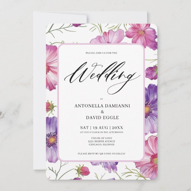 Modern Pink Purple Floral Blossom  QR Code Wedding Invitation (Front)