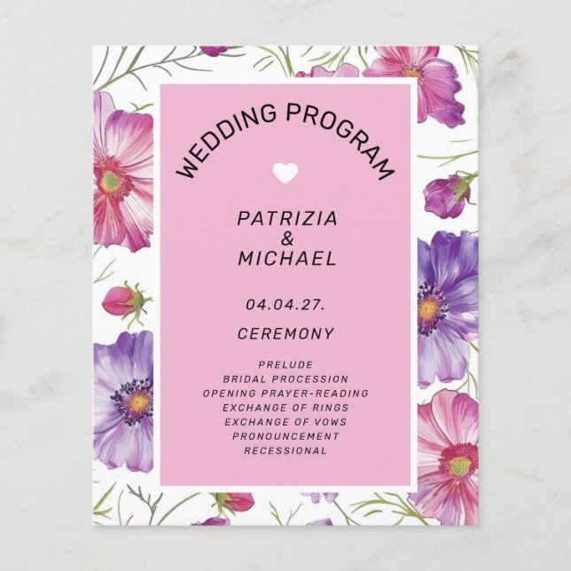 Modern Pink Purple Floral Wedding  Program Flyer (Front)