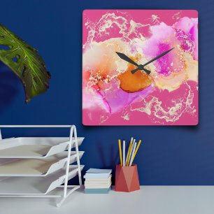 Modern Pink Purple Orange Gold Alcohol Ink Swirls Square Wall Clock