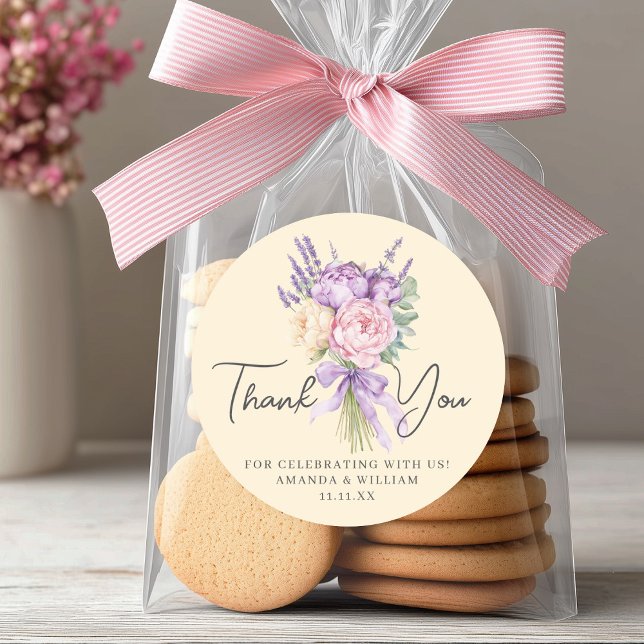 Modern Pink Purple Peony Flower Bouquet Thank You Classic Round Sticker (Modern Pink Purple Peony Flower Bouquet Thank You Classic Round Sticker)