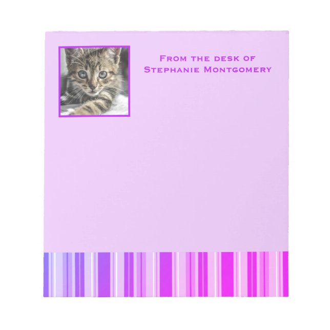 Modern Pink Purple Stripes Personalized Photo Notepad (Front)
