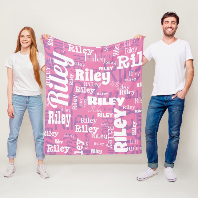 Modern Pink Purple White Name Repeat Typography Fleece Blanket (In Situ)