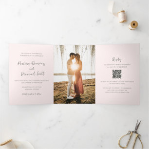 Modern Pink QR Code Simple Wedding Tri-Fold Invitation