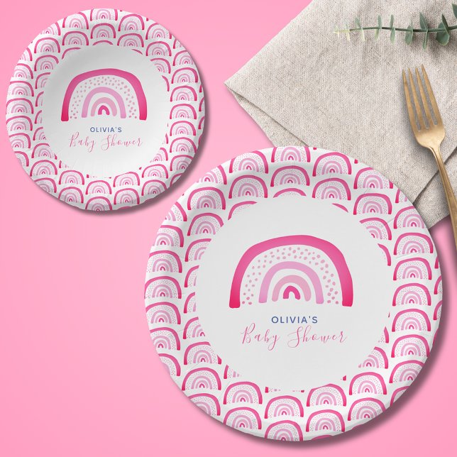 Modern pink rainbow baby shower paper plate (Modern pink rainbow baby shower paper plates & bowls.   Matching invitations & party range available)