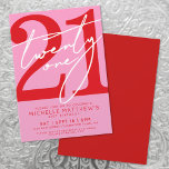 Modern Pink Red 21st Birthday Invitation<br><div class="desc">All Pink 21st Birthday Party Invitation. Celebrate turning twenty-one in style with this bold and vibrant design. The background is all pink, with “twenty one” written across the top in a flowing white script, paired with the rest of the party details in bright red serif fonts. The bottom portion fades...</div>