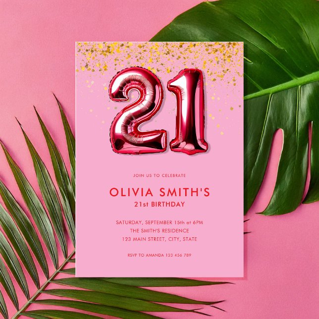 Modern Pink Red 21st Birthday Invitation (Creator Uploaded)