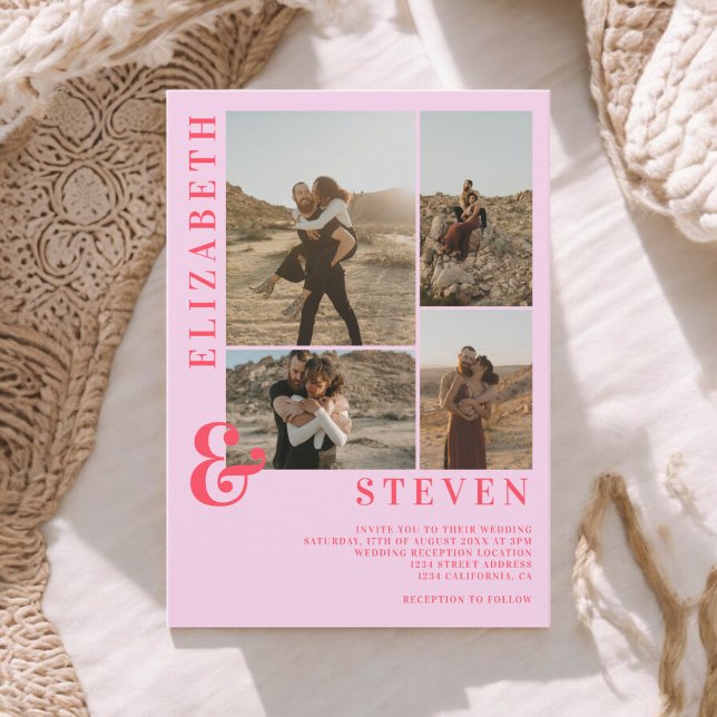 Modern pink red ampersand 5 photo grid wedding invitation (Modern pink red ampersand 5 photo grid wedding invitation)