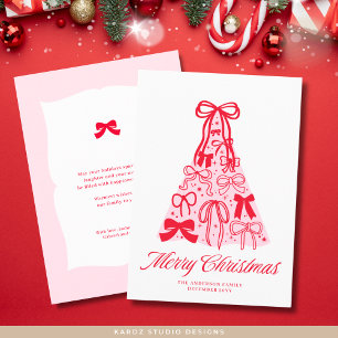 Modern Pink Red Bow Merry Christmas Holiday Card