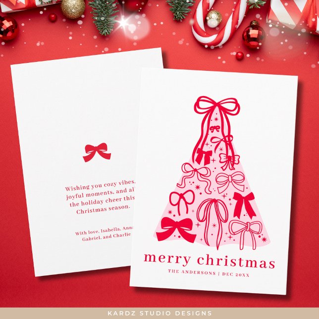 Modern Pink Red Bow Merry Christmas Holiday Card (Front and back of card shown in 5 x 7 inches. Choose corner style, paper and/or digital download)
