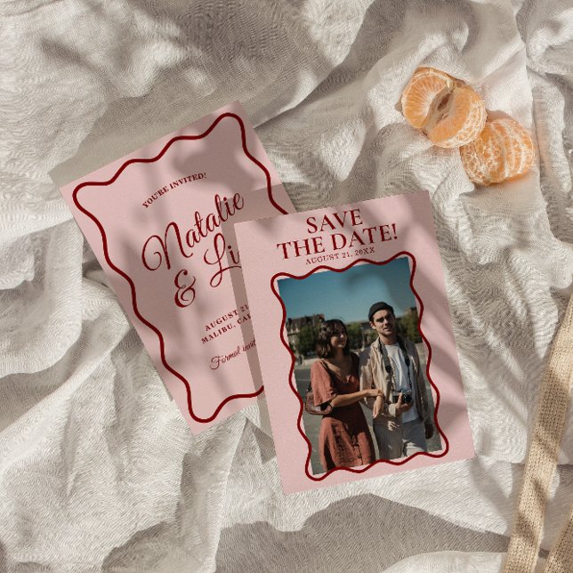 Modern Pink Red Bright Bold Retro Photo Wedding    Save The Date (Creator Uploaded)