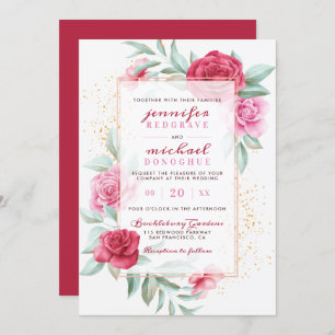Modern Pink & Red Chic Blooms Botanical Wedding Invitation