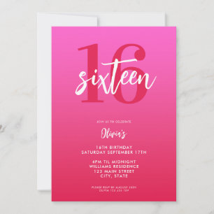 Modern Pink Red Elegant 16th Birthday Invitation