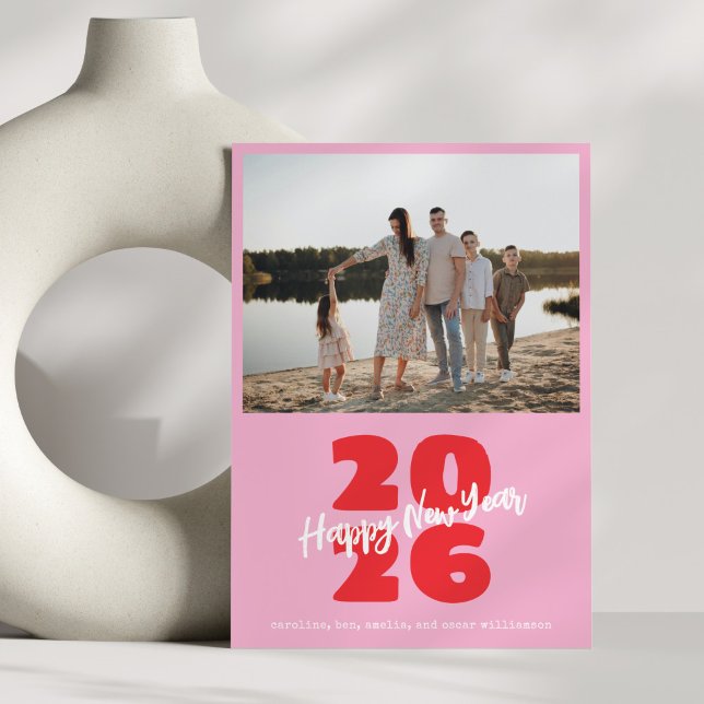 Modern Pink Red Family New Year Photo Playful Holiday Card (Creator Uploaded)