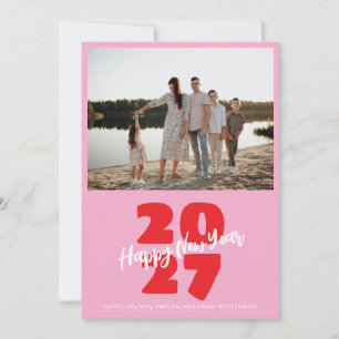 Modern Pink Red Family New Year Photo Playful Holiday Card