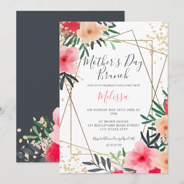 Modern pink red floral gold mother's day brunch invitation (Front/Back)