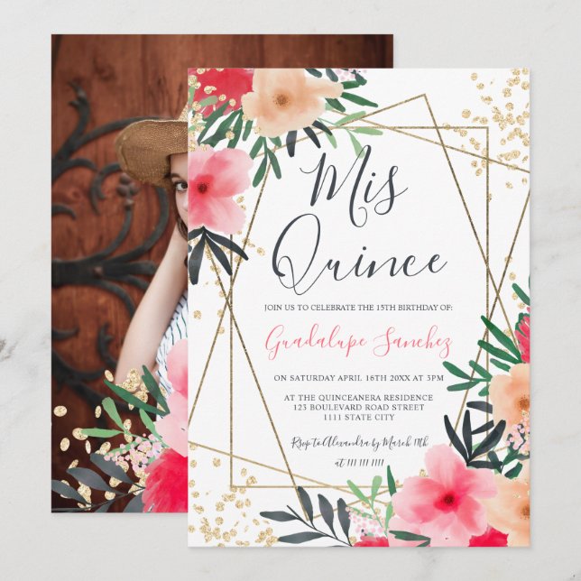 Modern pink red floral gold photo quinceanera invitation (Front/Back)