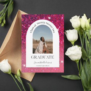 Modern Pink & Red Glitter Arch Photo Graduation  Invitation