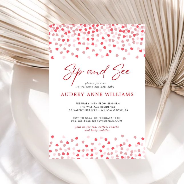 Modern Pink Red Hearts Sip and See Invitation (Creator Uploaded)