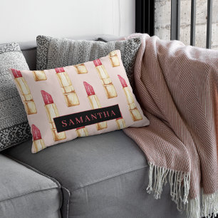 Modern Pink & Red Lipstick Pattern Girly With Name Decorative Cushion