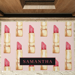 Modern Pink & Red Lipstick Pattern Girly With Name Doormat